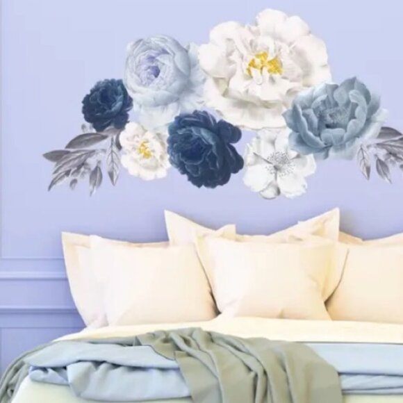 NEW Floral Wall Stickers Elegant Oversized Peonies Decor Flowers Blue Baby Room - Picture 2 of 10